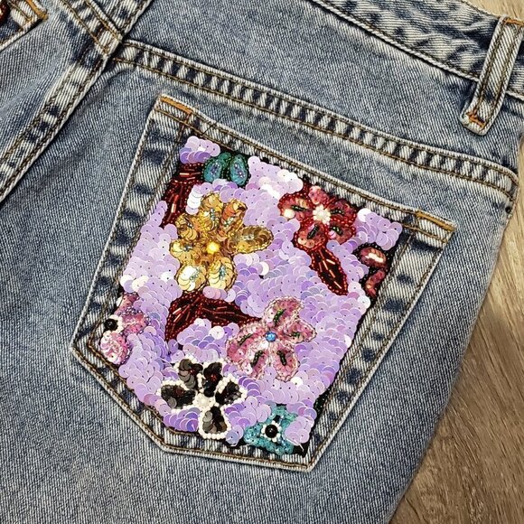 Vintage * Bell Bottom Flare Jeans * Sequins Sz S - Picture 7 of 9